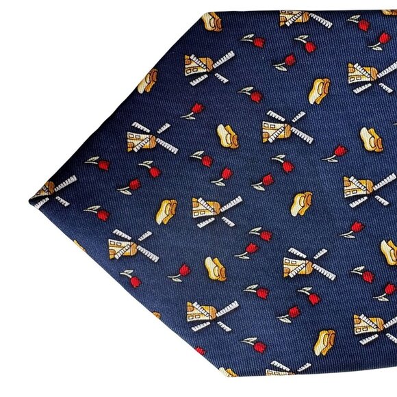 Kist Design Holland Mens Blue Silk Tie Windmill Tulip Wooden Clogs Motif Necktie - Picture 4 of 5